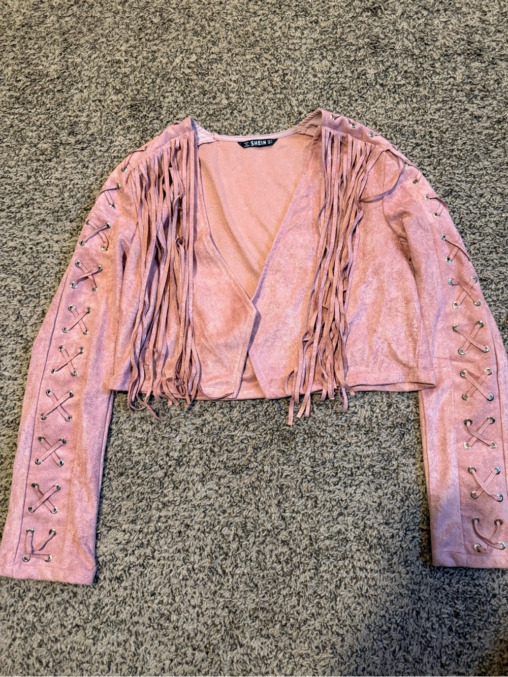 SHEIN Pink Faux Suede Fringe Lace-Up Cropped Jacket